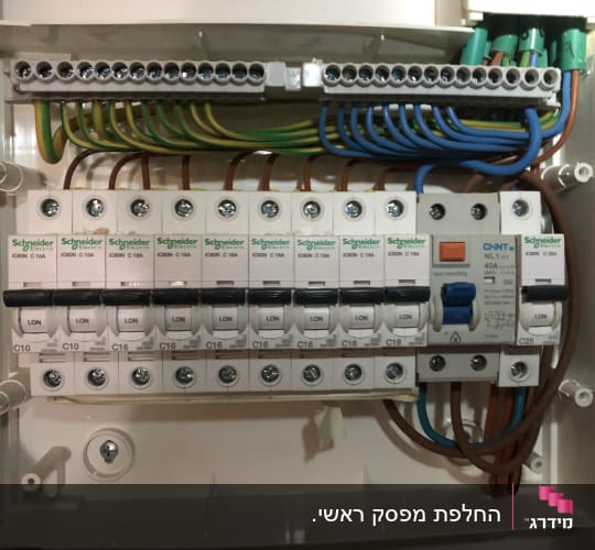 לוח חשמל עם מפסקים וחוטים צבעוניים